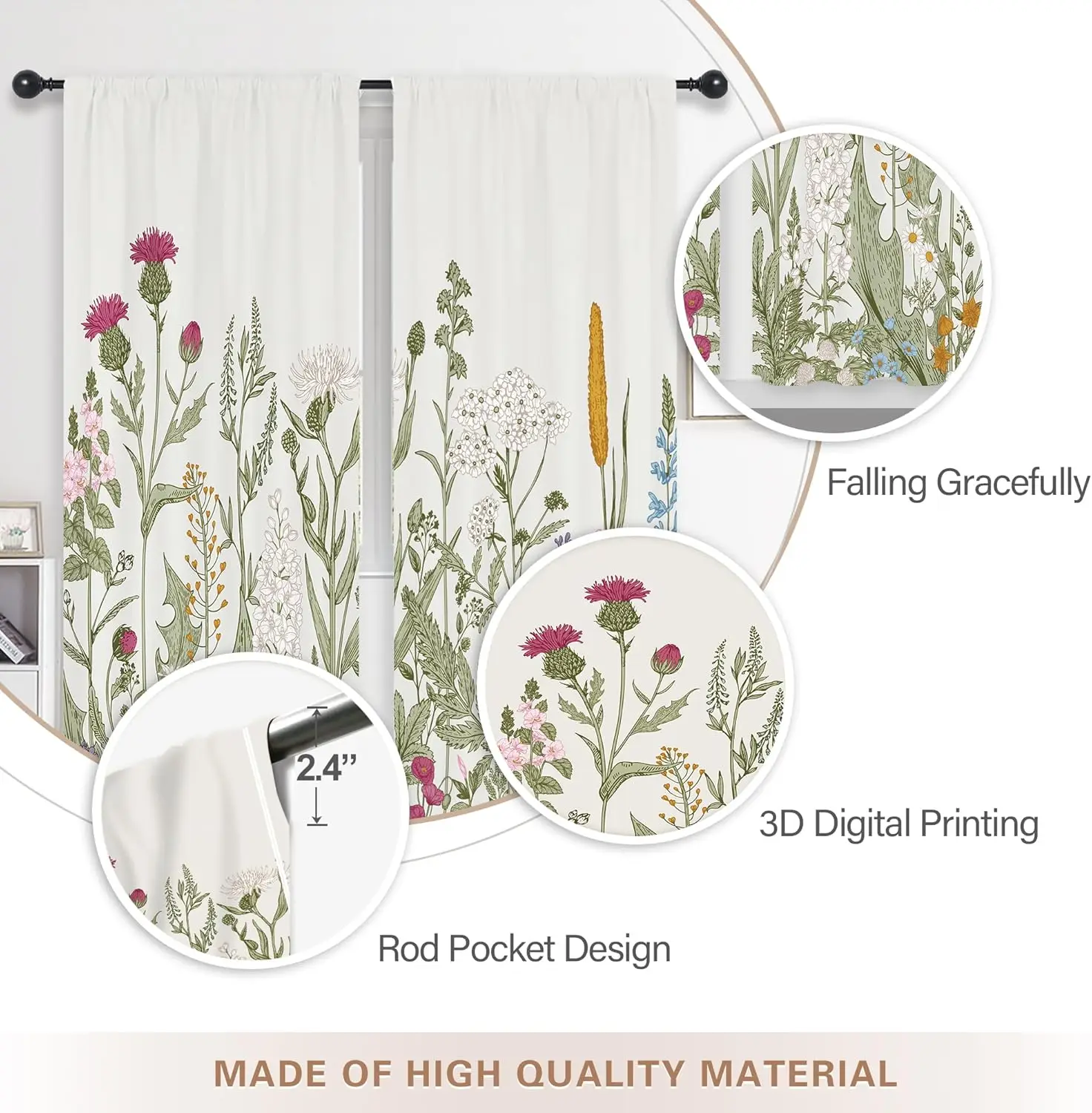 ستائر الزهور البرية الأزهار الخضراء يترك النباتية المطبوعة قضيب جيب الفني نبات زهرة برية اللبلاب الأعشاب غرفة المعيشة ريفي