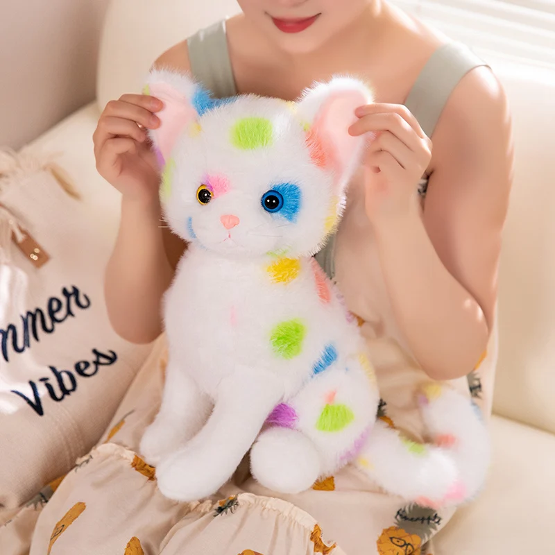 Peluche de chat aux couleurs de l'arc-en-ciel Devon Rex pour fille, jouet de simulation, doux au beurre, animal en peluche, modèle de dessin animé, chaton, oreiller pour bébé, joli cadeau