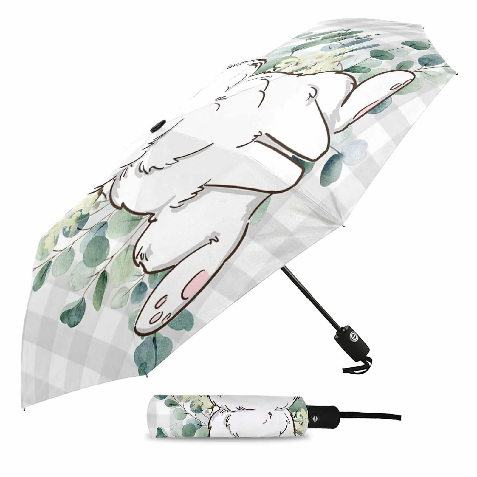 Easter Grey Checkered Eucalyptus Leaf Rabbit Outdoor Fully-automatic Folding Eight Strands Umbrellas for Adults Printed Umbrella