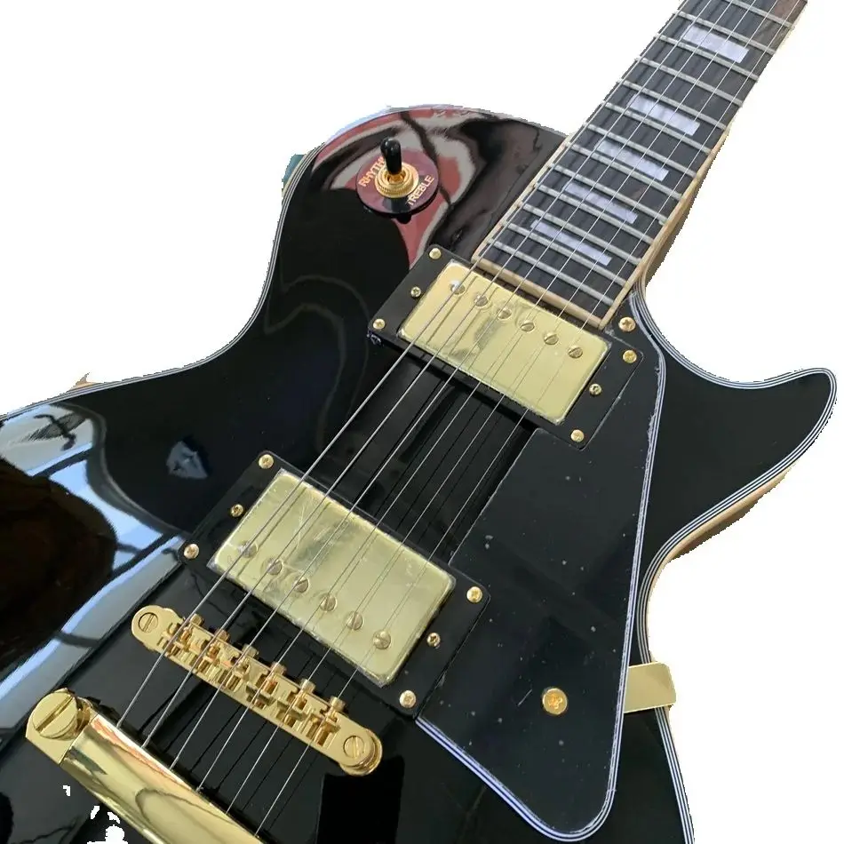 Classic Black Electric Guitar, Gold Hardware, Ebony Fingerboard with Frets Edge Binding