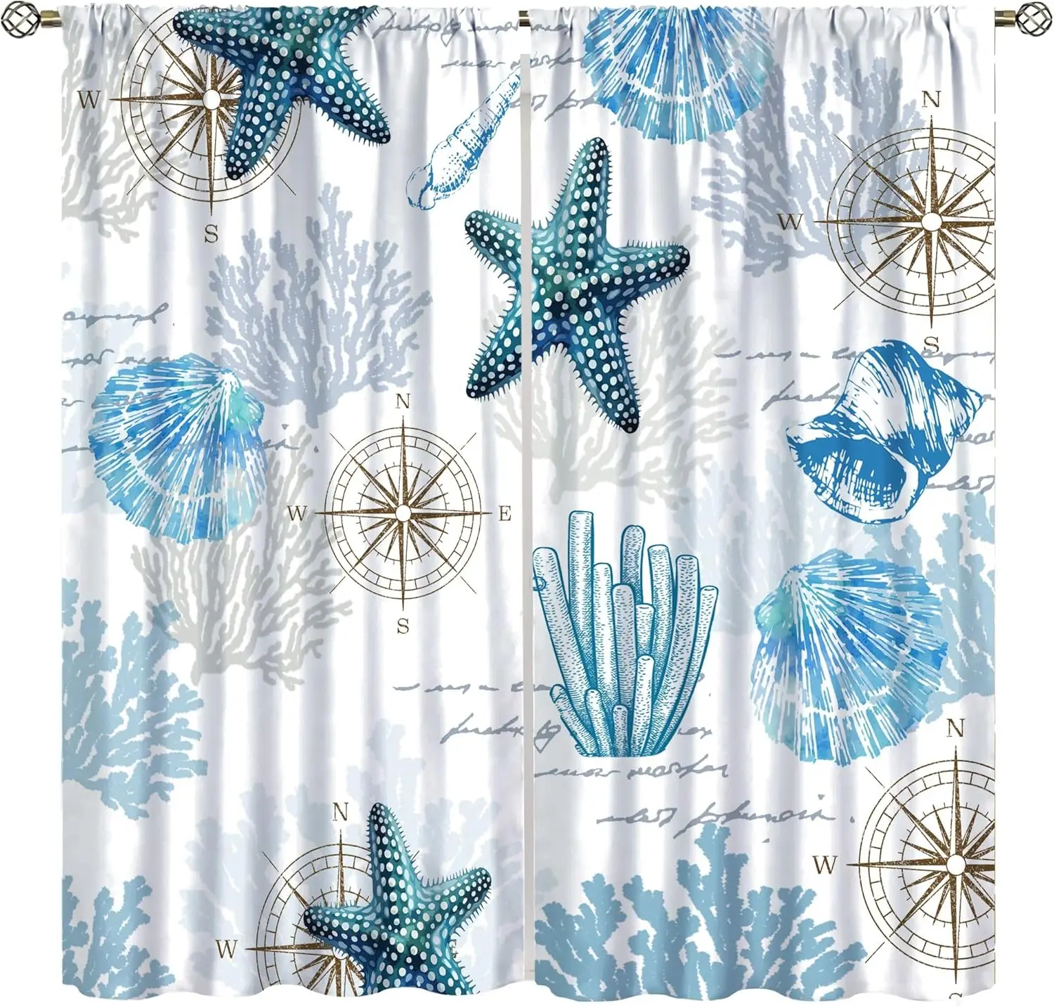 Nautical Coastal Blackout Curtain,Ocean Starfish Coral Sea Shell Window Curtains Cloth Farbic for Office Dining Room Living Room