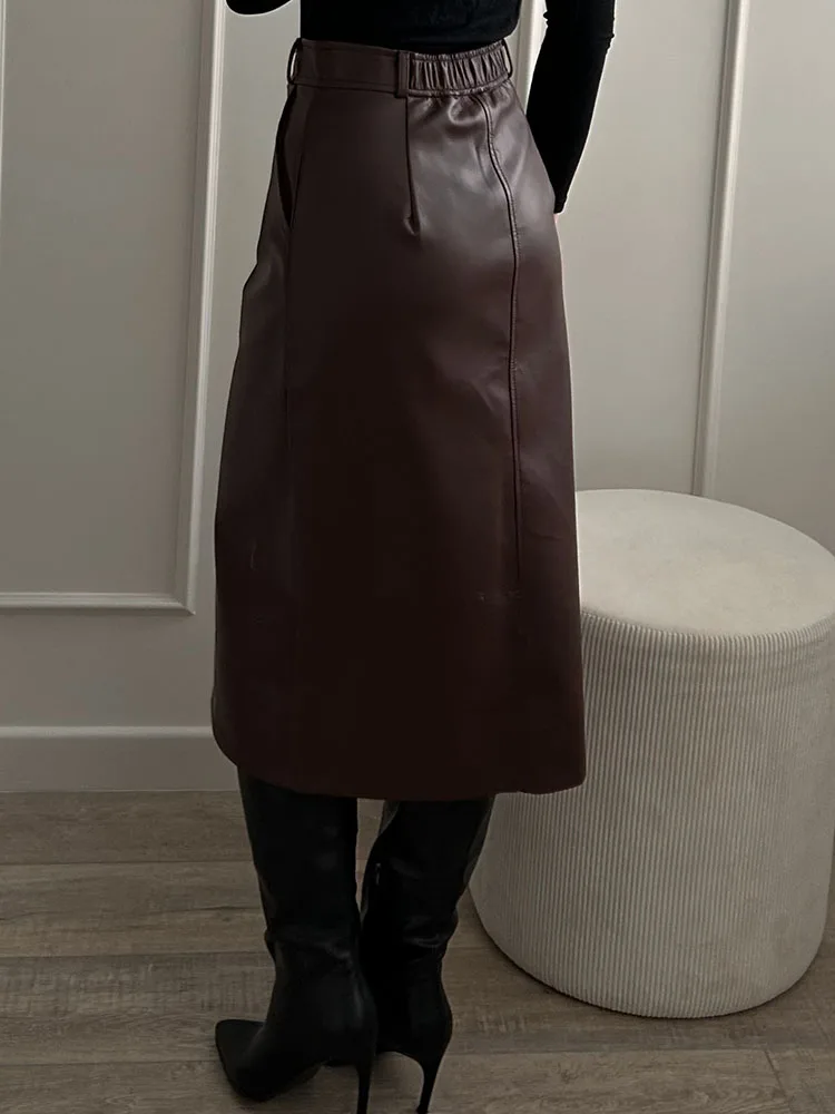 Long Leather Skirts For Women Brown High Quality PU Midi Bodycon Skirt Front Split High Waist Women's Leather Skirt Black Midi