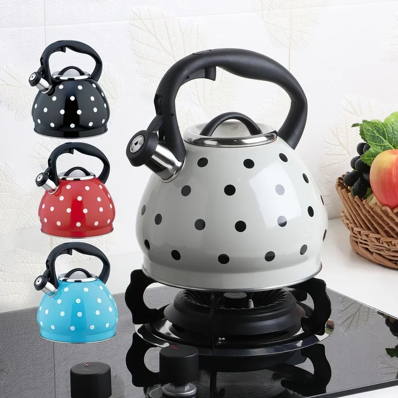 304 Stainless Steel Kettle Wave Point 3L Black Red Spherical Whistle Hot Water Pot Induction Cooker Household Kitchen Supplies