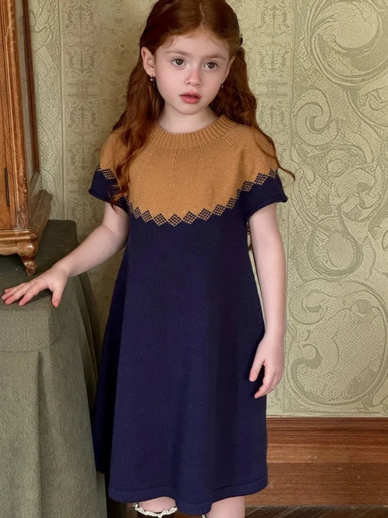 

kids clothes girls Vintage girls' knitted sweater dress French style color blocked princess dress