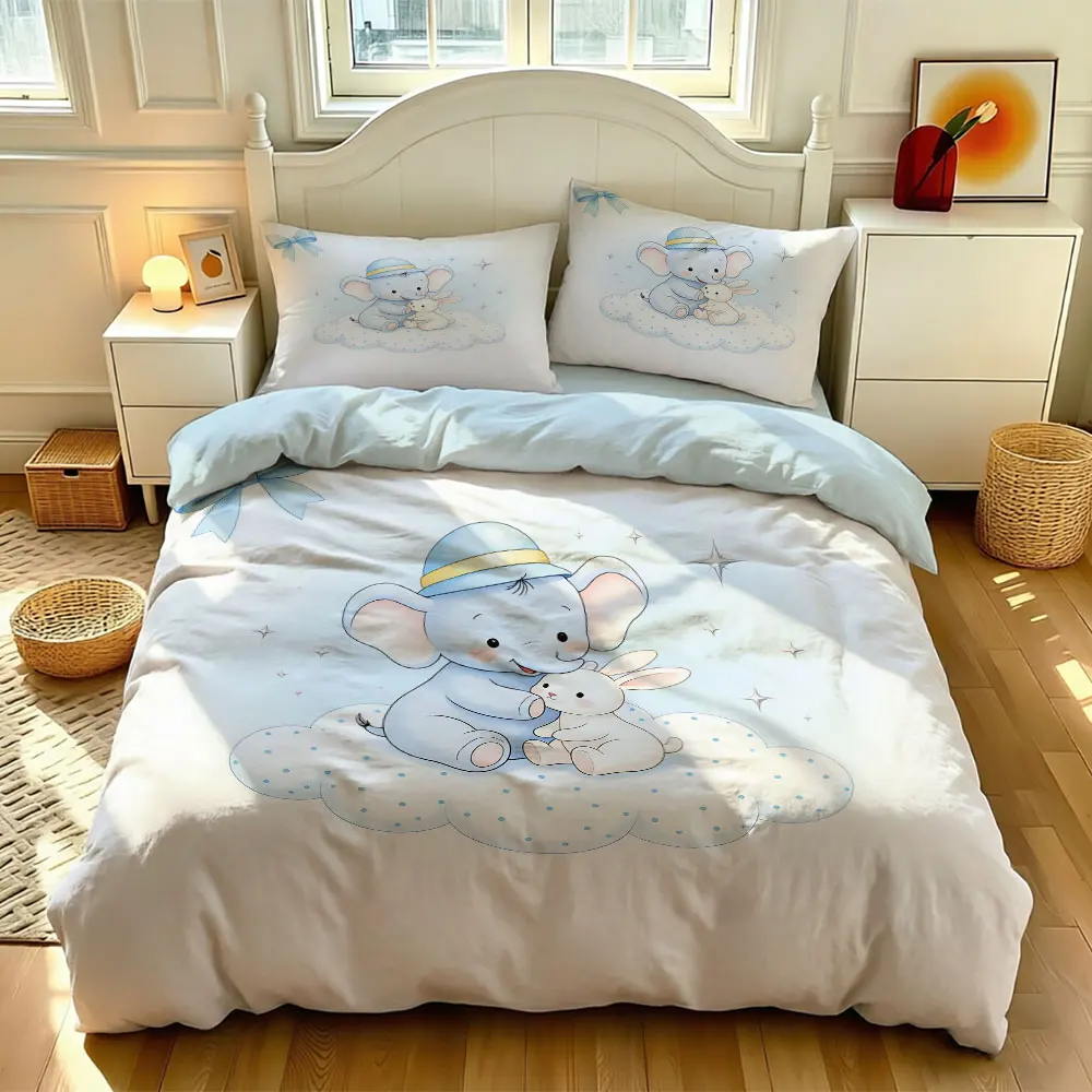 3‑Pieces Cloud Shape Elephant Rabbit Print Bedding Set Without Filler 1 Duvet Cover 2 Pillowcases Soft Comfortable Machine Wa