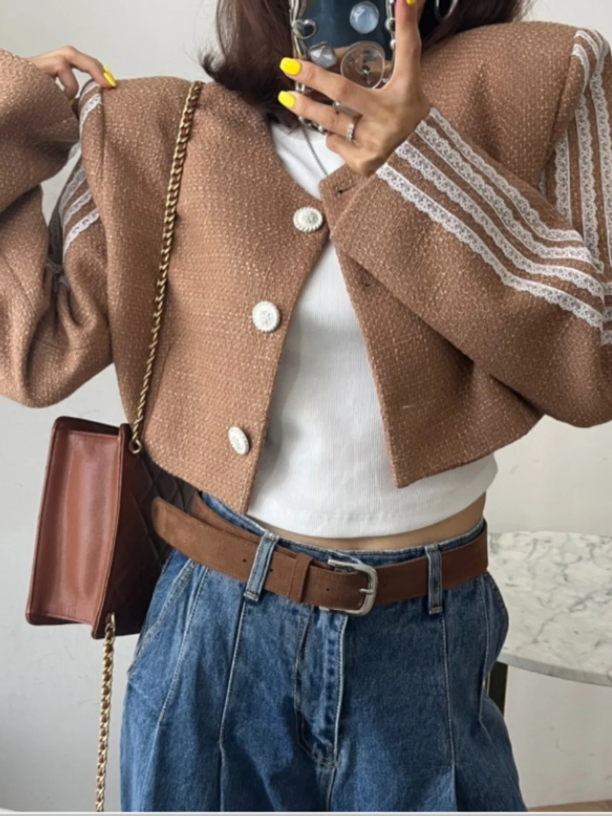 

Женский костюм для похудения с кружевной отделкой, круглый Ne Four Bars Sle Faionable Commute Wind High Waist pe Polye...
