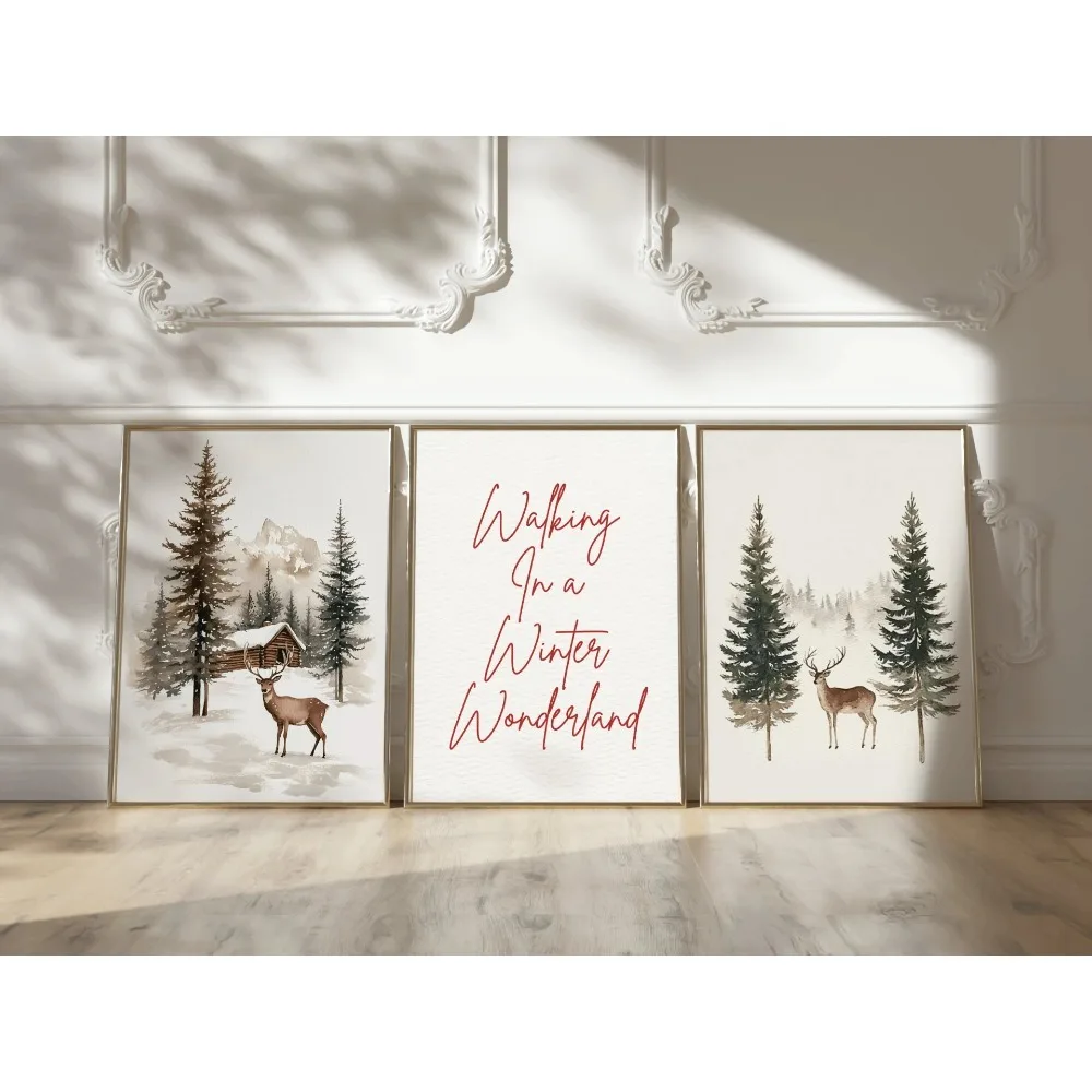 3pcs Frameless,Winter Landscape,with Deer and Pine Trees in The Snow Forest,Perfect Winter Wonderland and Christmas Home Decor