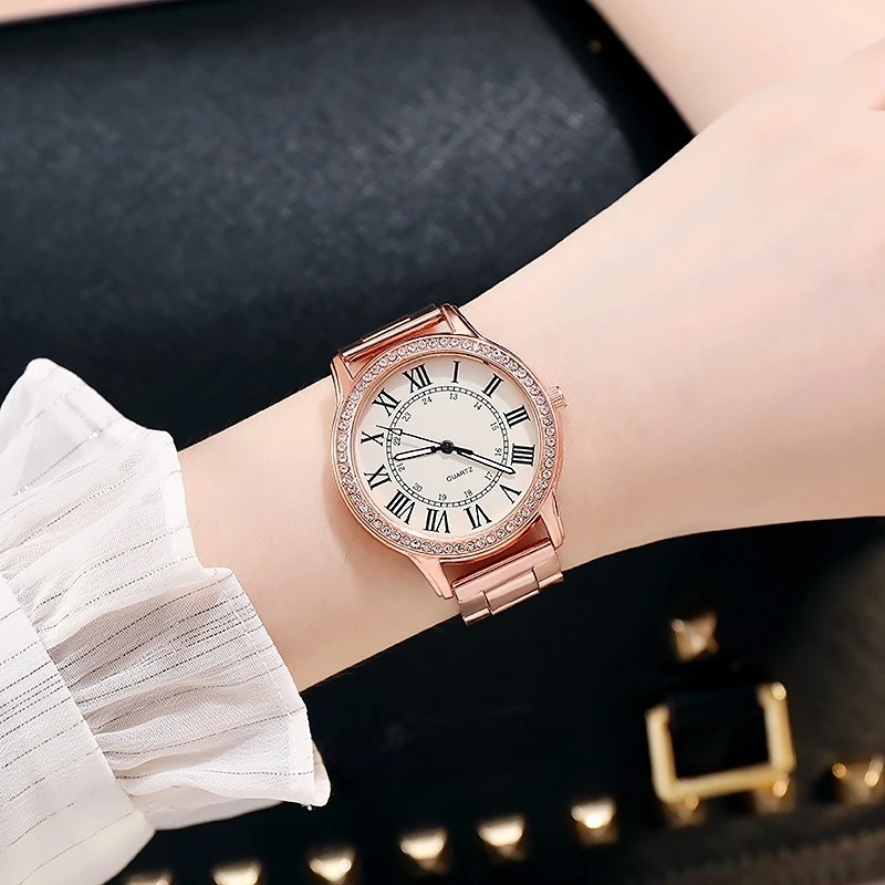 Reloj de cuarzo luminoso con diamantes de imitación romanos para mujer, correa de acero, Simple, Casual, Retro, relojes de pulsera de lujo para mujer, venta al por mayor