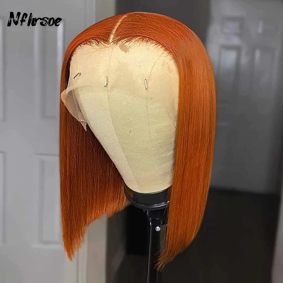 

Парик из натуральных бразильских волос 13x4, прямой короткий боб, имбирно-оранжевый, с прозрачной HD кружевной передней частью, предварительно сформированный, для косплея