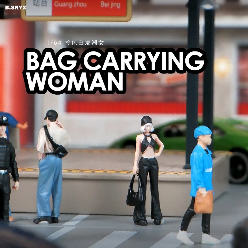 1:64 Miniature Handbag-carrying Silver-haired Fashionable Girl Beauty Figure Model, Small-scale Diorama Prop, Micro Photography