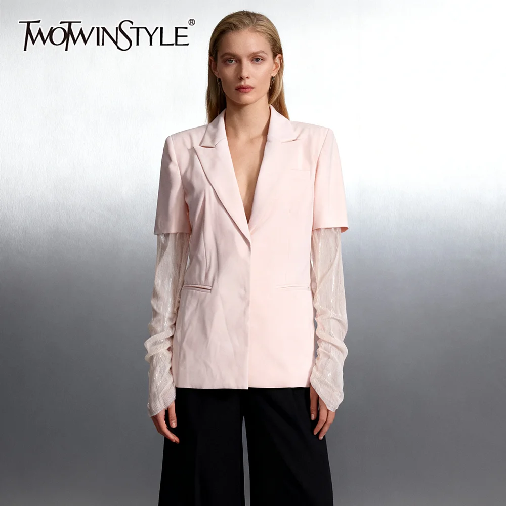 

TWOTWINSTYLE Pink Slimming Elegant Blazers for Women Lapel Long Sleeves Sheer Patchwork Mesh Design Sense Blazer Female Clothing