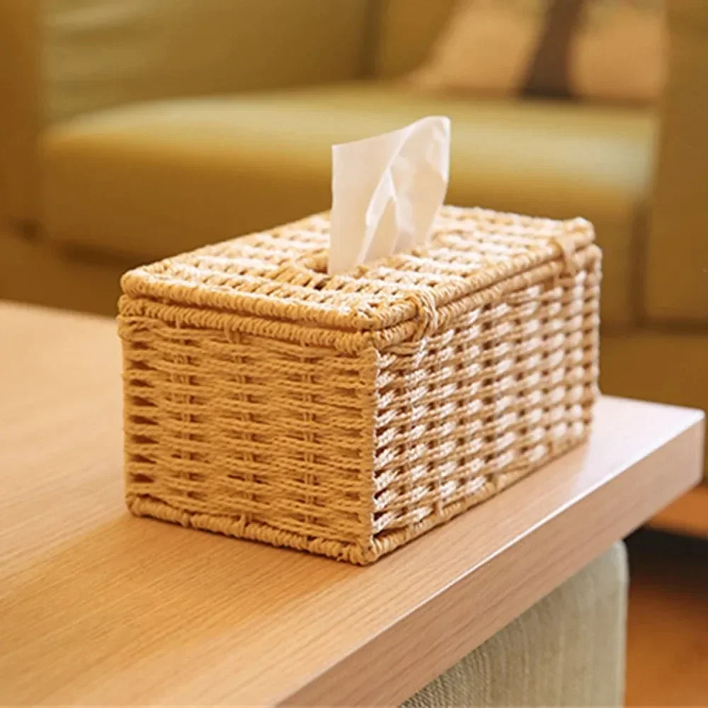 1PC Rattan Handmade Knitting Tissue Box Vintage Napkin Holder for Barthroom Kitchen Home Hotel and Office Home Storage Decor