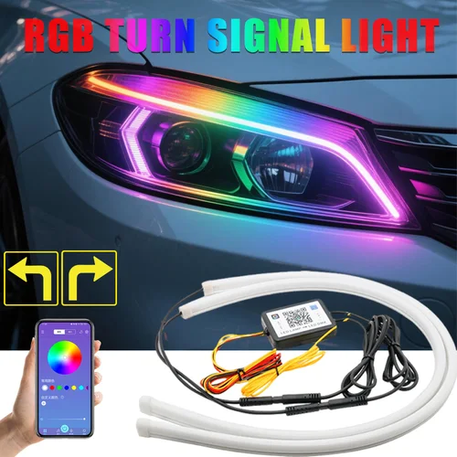 Tira de faros Led RGB, luces de circulación diurna DRL de neón flexibles con luz de señal de giro secuencial, Control por aplicación, 2 uds.
