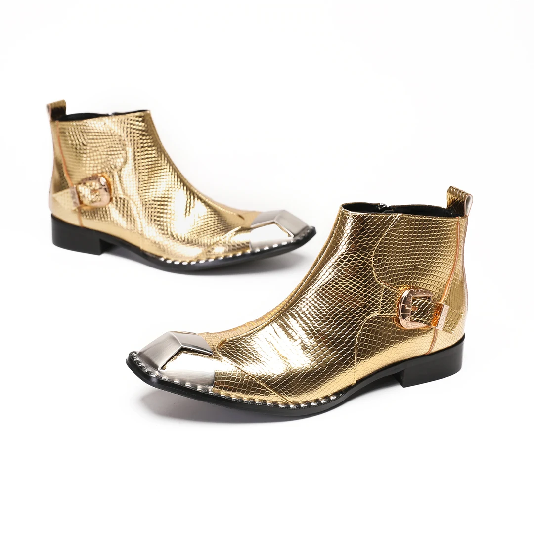 Fashion Gold Real Leather Men Ankle Boots Metal Square Toe Wedding Party Short Boots Large Size Male Night Club Dress Shoes