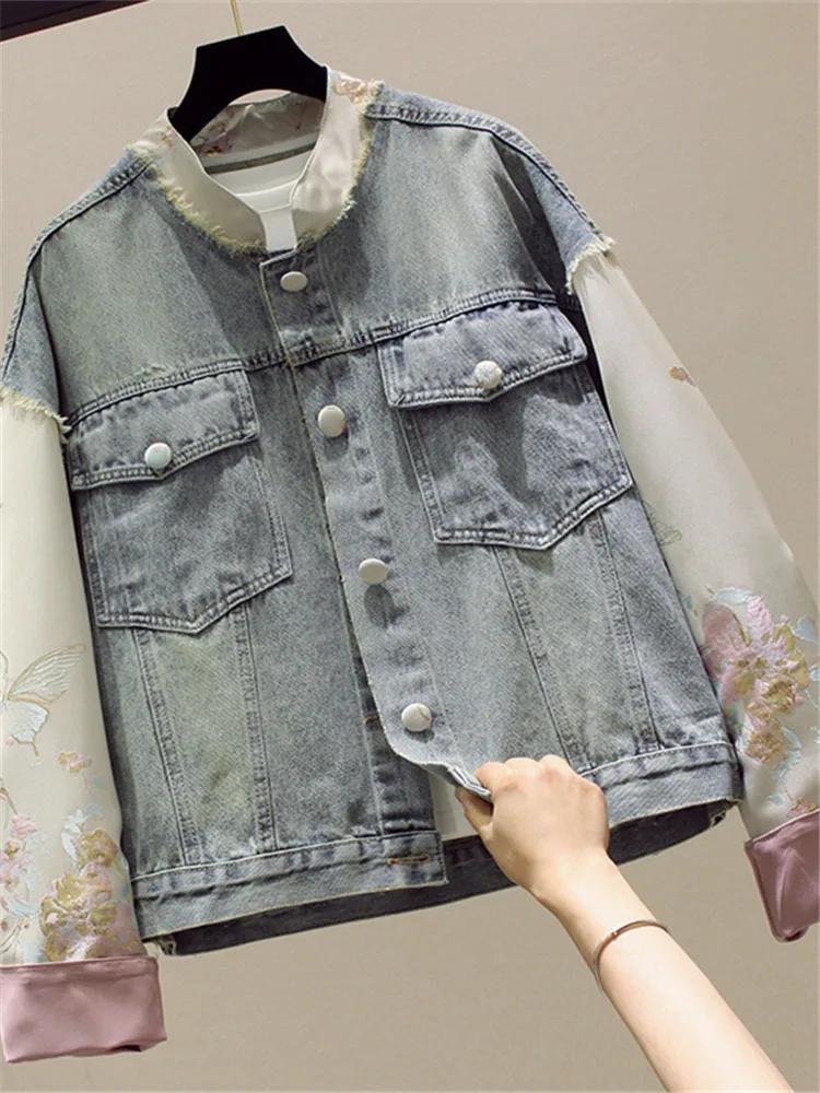 Women's Spring Autumn National Style Embroidery Denim Jacket Streetwear Fashion Korean Splice Cowboy Outwear Female Basic Coat