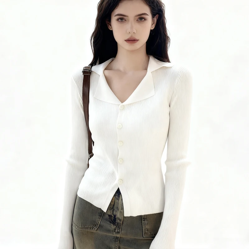 

Осенний однотонный вязаный кардиган с лацканами и длинными рукавами, осенний корейский стиль, приталенный низ, топ, милый однобортный короткий свитер