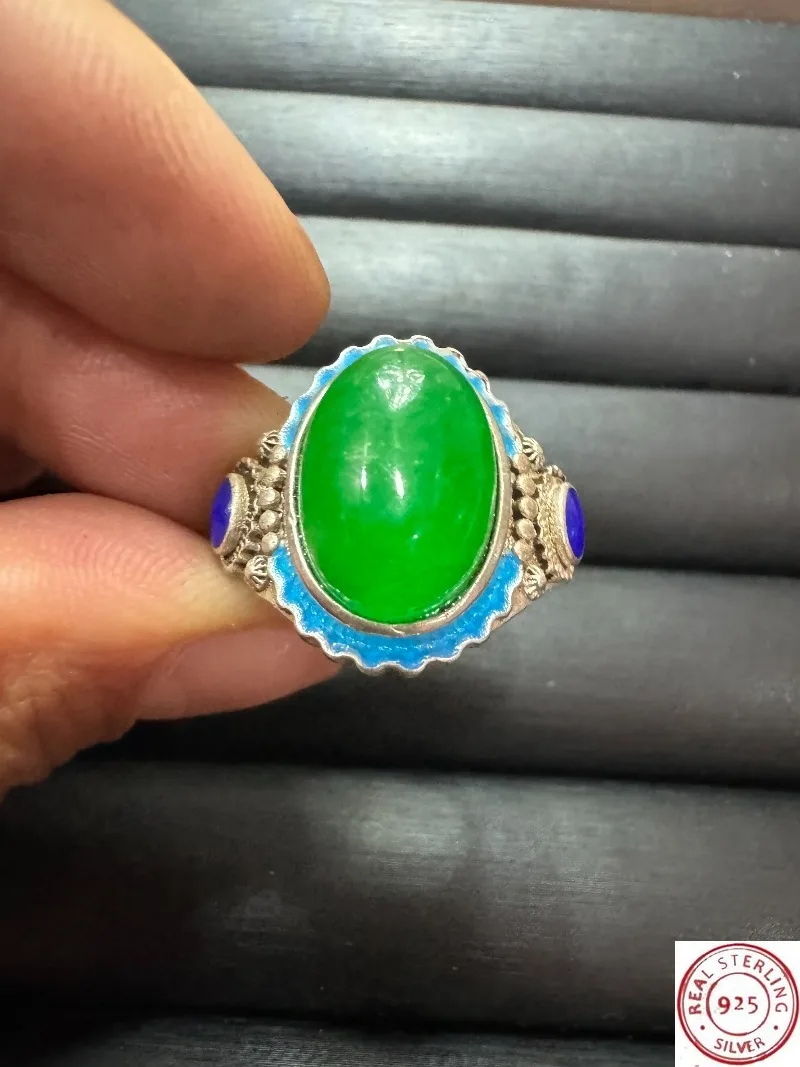 

Tibetan Silver Cloisonne Ring, Inlaid Green Star Gemstone, Retro Ethnic Style, Adjustable Open Band, Unisex Vintage Finger