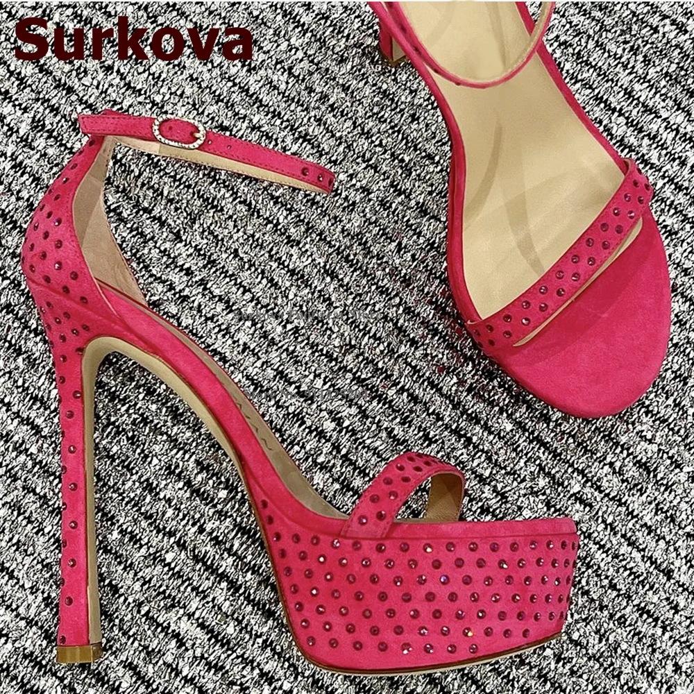 Surkova Red Crystal Platform High Heel Sandals Sparkly Rhinestone Ankle Buckle Strap Bride Shoes Summer Diamond Glitter Pumps