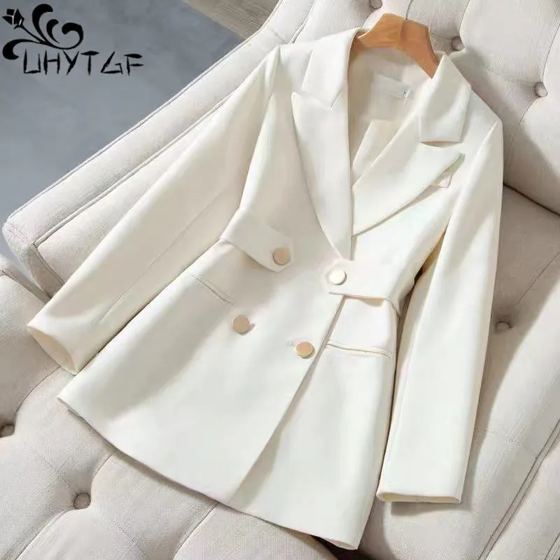 

UHYTGF Blazer Jacket Woman Double Breasted Belt Slim Spring Autumn Coat Female 4XL Short Tops Elegant Ladies Clothes Abrigo 2069