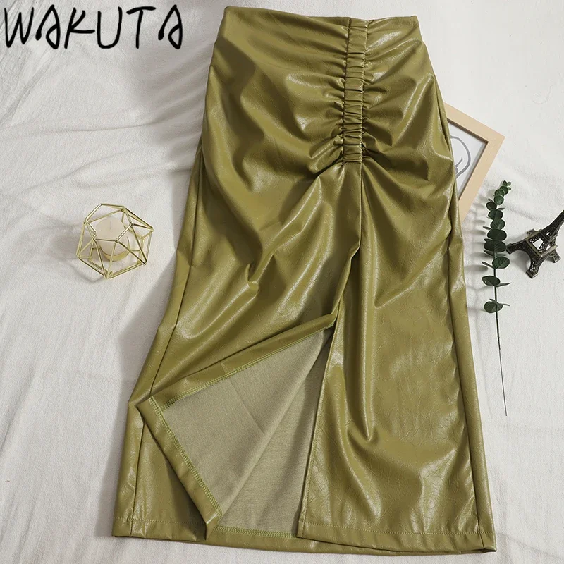 WAKUTA PU Shirring Skirts Women 2024 New Sexy High Waist Bodycon Ladies Split Solid Color Skirt Office Elegant Faux Leather Club