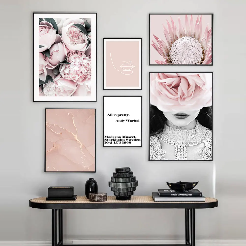 Flower Poster Protea Marble Canvas Painting Modern Line Art Print Quote Rose Nordic Wall Picture For Living Room Home Decor