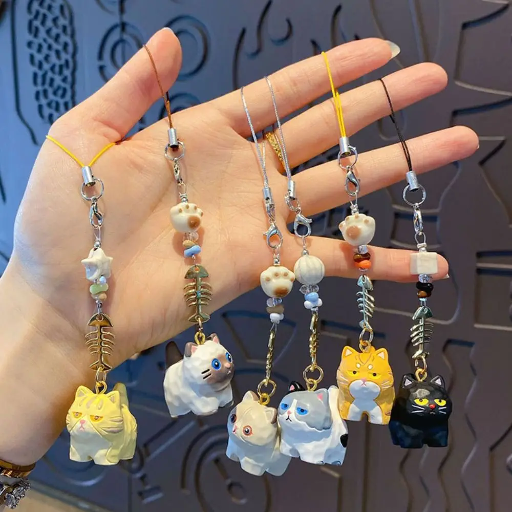 2Pcs Kawaii Paw Beads Cat Fishbone Keychain Bag Hanging Ornaments Resin Cat Pendant Cute Phone Lanyard Bag Decor