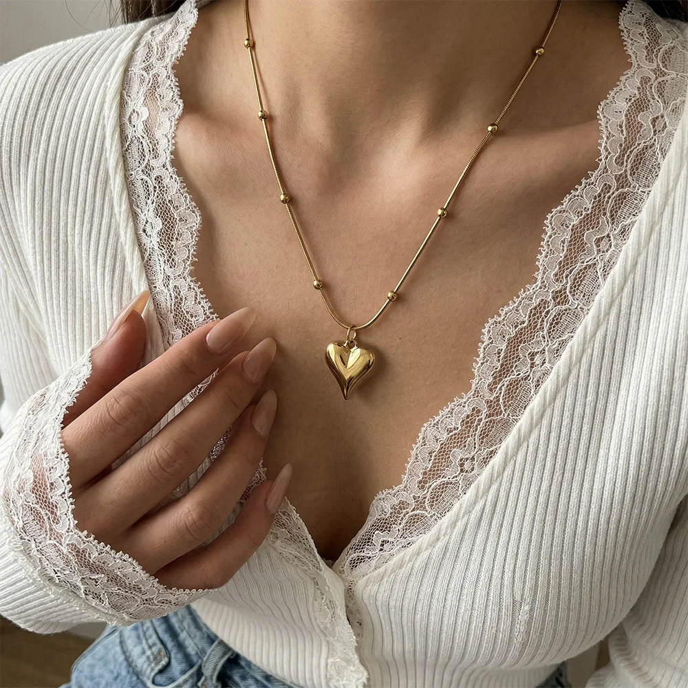 

Y2k Stainless Steel Heart Beaded Pendant Necklace for Women Men Fashion Geometric Charm Necklace Party Jewelry Gifts
