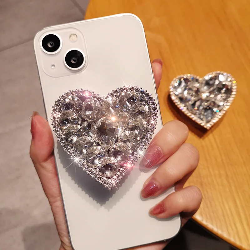 

Luxury Bling Diamond 3D Love Heart Bracket Finger Ring Foldable Accessories Universal Case Cover Phone Holder Stand