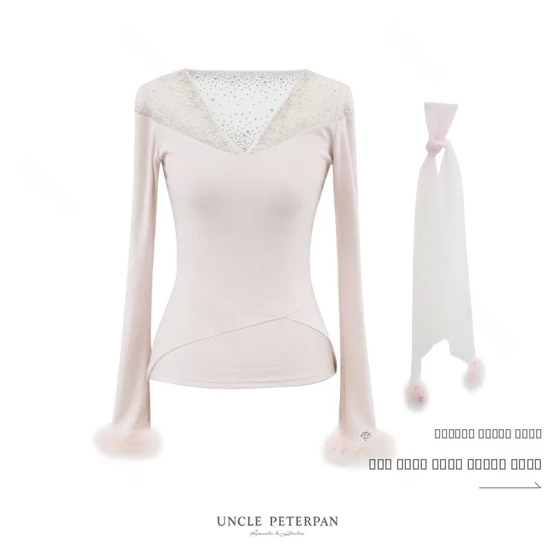 

Slim Fit iny Rhinestone Feather Cuff Top Women's Faion French Sle T-irt Nylon Fabric Regular Sve Series: Flowing F...