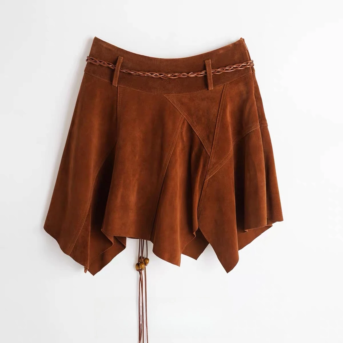 American Style  Retro Hottie Girl Lrregular Leather Skirt Fashion  Genuine Suede Real Leather Mini Belt Lambskin With Women