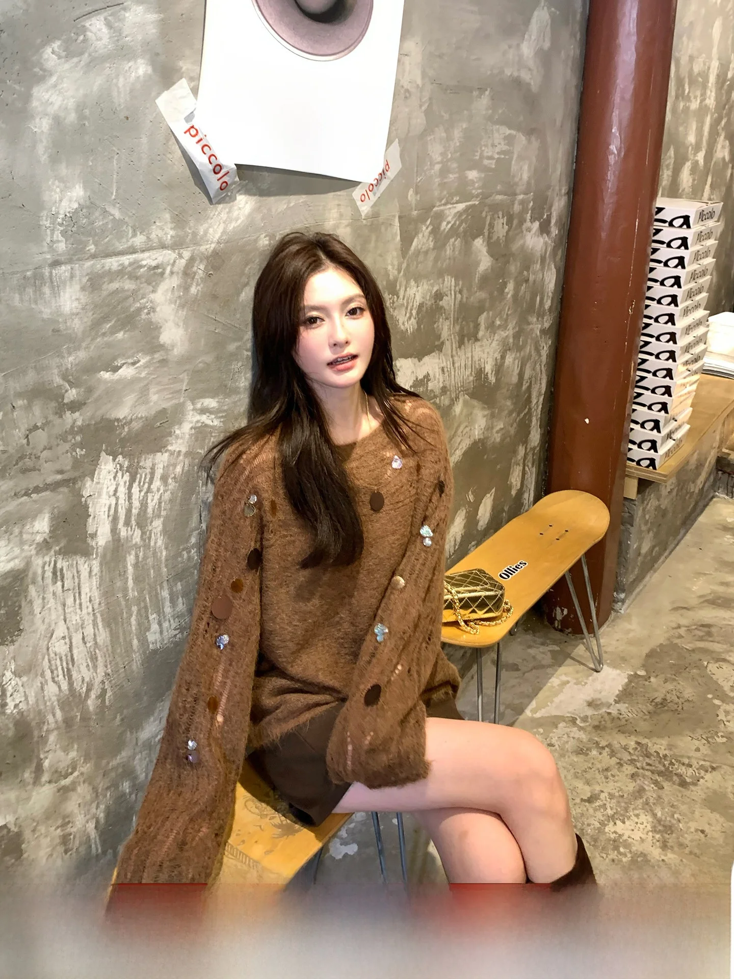 

INON Hand-Sewn iny Sequin Hollow out One-oulder Knitted Sweater Women's Autumn Camel Hair Knitwear Comfortable Loose Fit