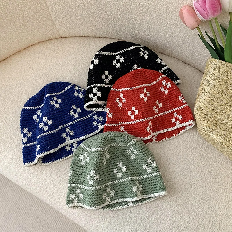 Kapelusz z dzianym kwiatem koreańskiej wersji wiosna lato szydełka rybak czapka kobiety Handmade Panama kapelusze wiadro Sombreros De Mujer — zdjęcie 5