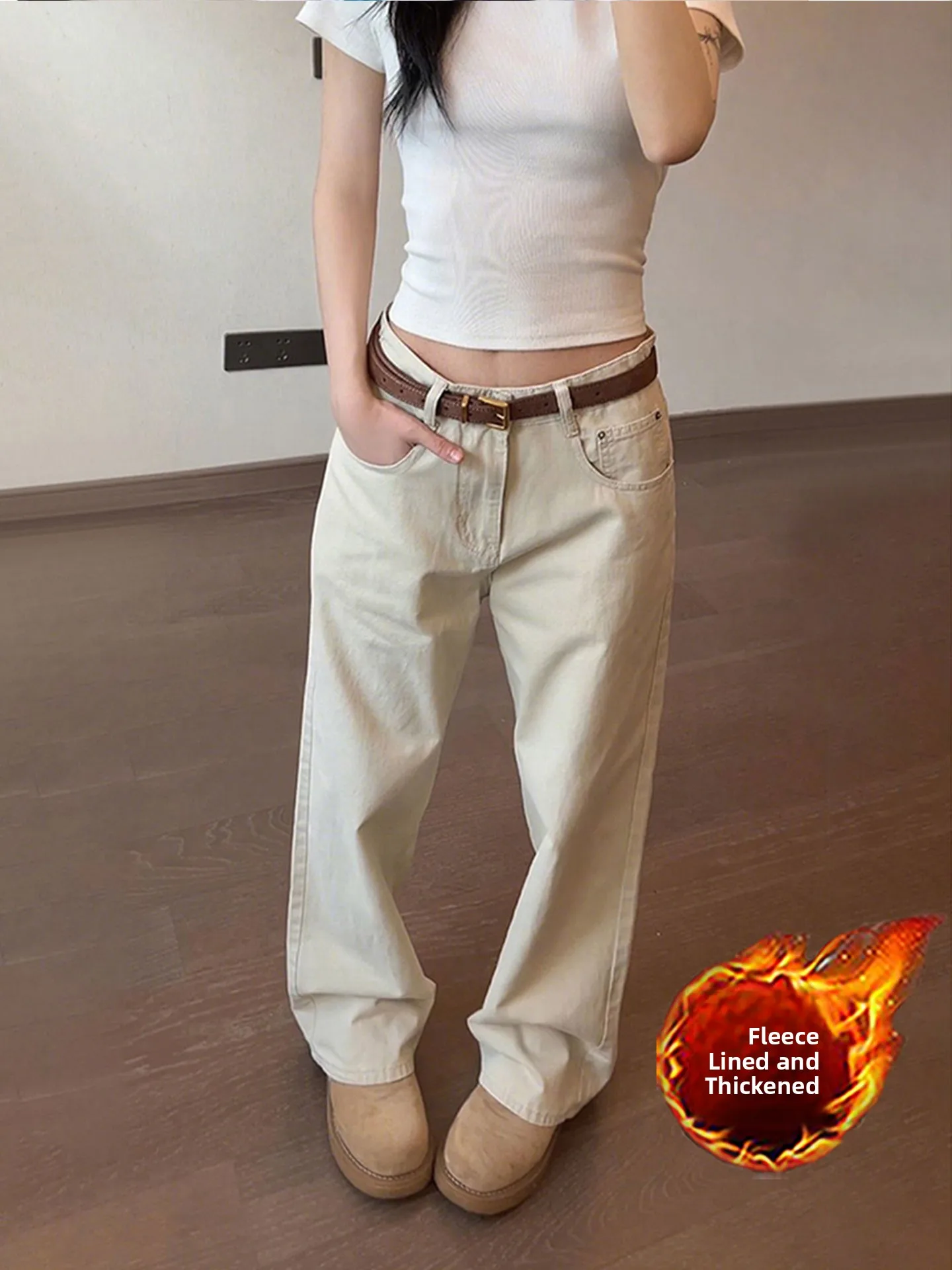 

plus Size Wide Leg Fleece Lined Bootcut Jeans Women's Casual High Waist Thickened Autumn Winter Long Pants Floor Length