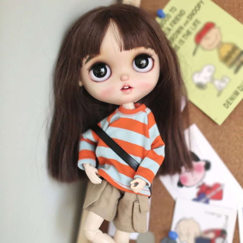 DLBell Handmade Blythe Clothes Striped T-Shirt Long Sleeve Bib Cargo Pants for Blyth Azone Licca OB24 Pullip 1/6 Dolls Gifts