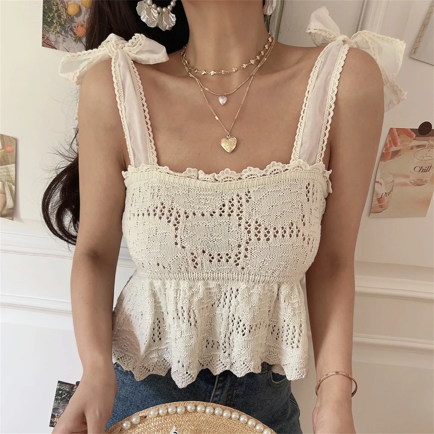 

Spring Summer Knitted Wrap Top Knot Belted Plain Vest in Beige Women's Slim Fit Short Length Polyester Fiber