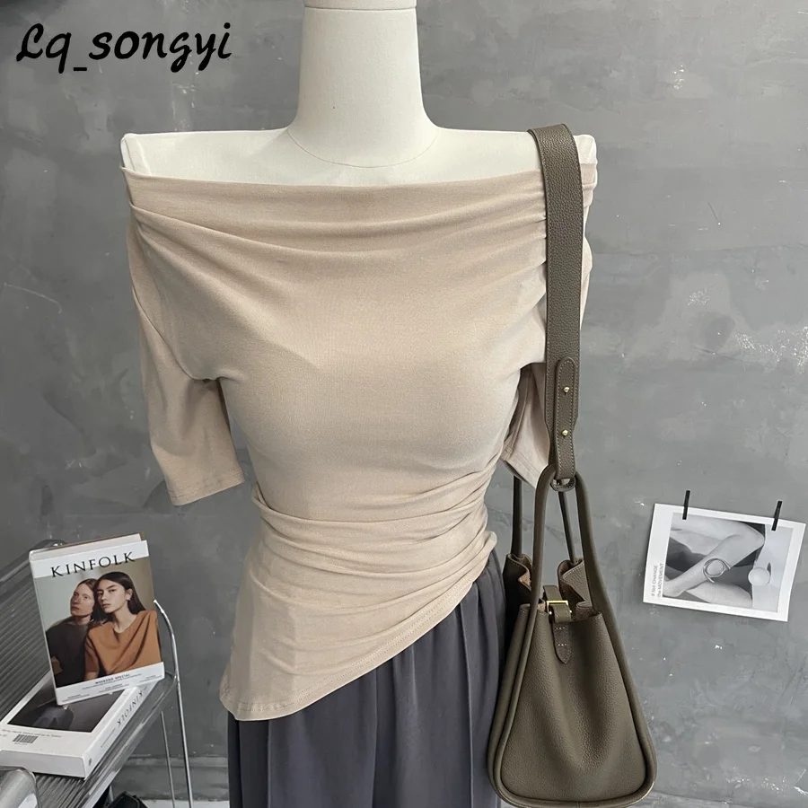 Lq_songyi Plooien Hals T-Shirts Koreaanse Pop Tops Korte Mouwen 2024 Zomer Onregelmatige Hoge Strecth Top Vrouwen Elegant Slim Fit T-Shirt