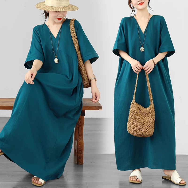 

Loose Fit Long Sleeveless V-Neck Double Layer Blue Colored Batwing Sleeve Large Size Women's Dress Artistic Style City Walk