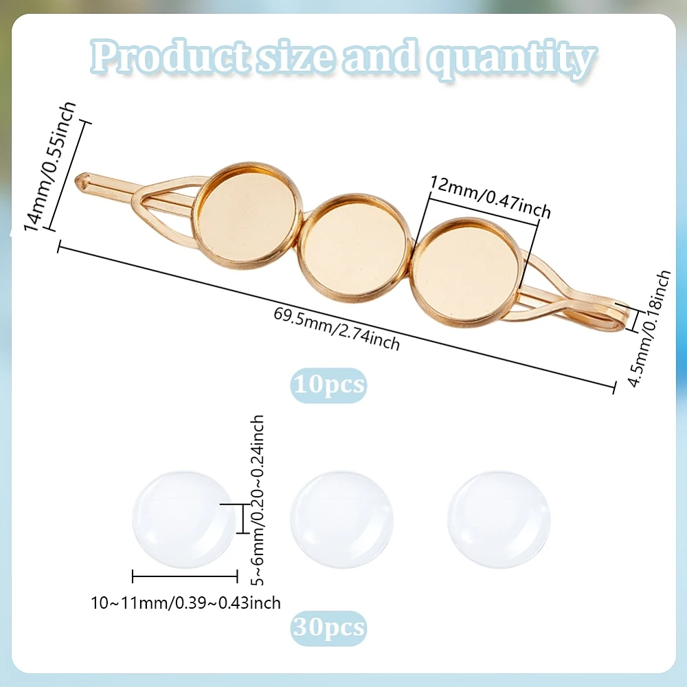 40 Pcs Hair Clips Making Kit 10 Pcs Iron Hair Bobby Pin Findings 30 Pcs Transparent Half Round Glass Cabochons Blank Dome Hair