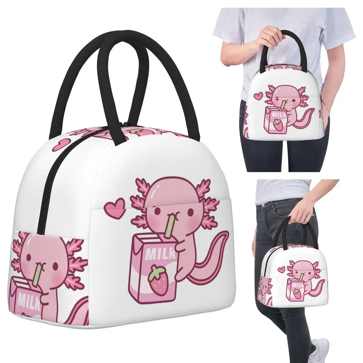 

Cute Axolotl Loves Strawberry Milk Doodle Insulated Lunch Bag for Women Office Cooler Thermal Food Box Tote Portable Lunch Boxes