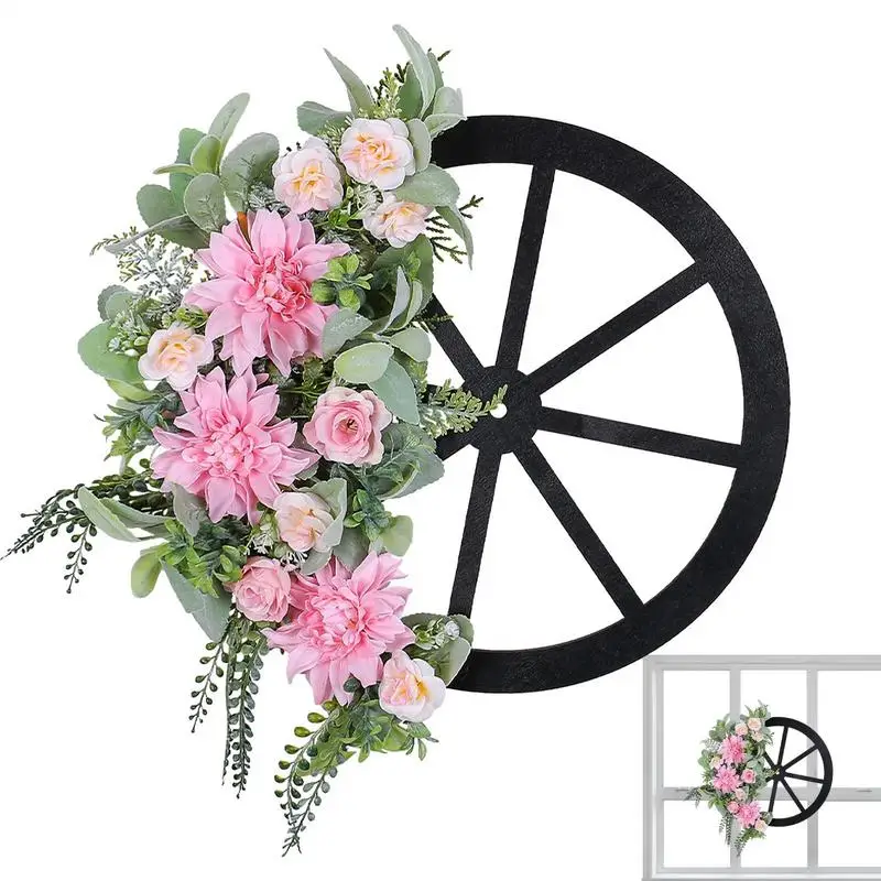 Artificial Flower Wreath Pink Silk Flowers And Green Leaves Wheel Wreath 17 Inches Pink Flower Wreath Decoration For Indoor