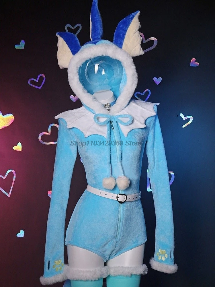 Anime Vaporeon Cosplay Costume Women Sexy Flannel Hooded Bodysuit Tail Socks Suit Bunny Girl Kawaii Plush Pajamas Cute Jumpsuit