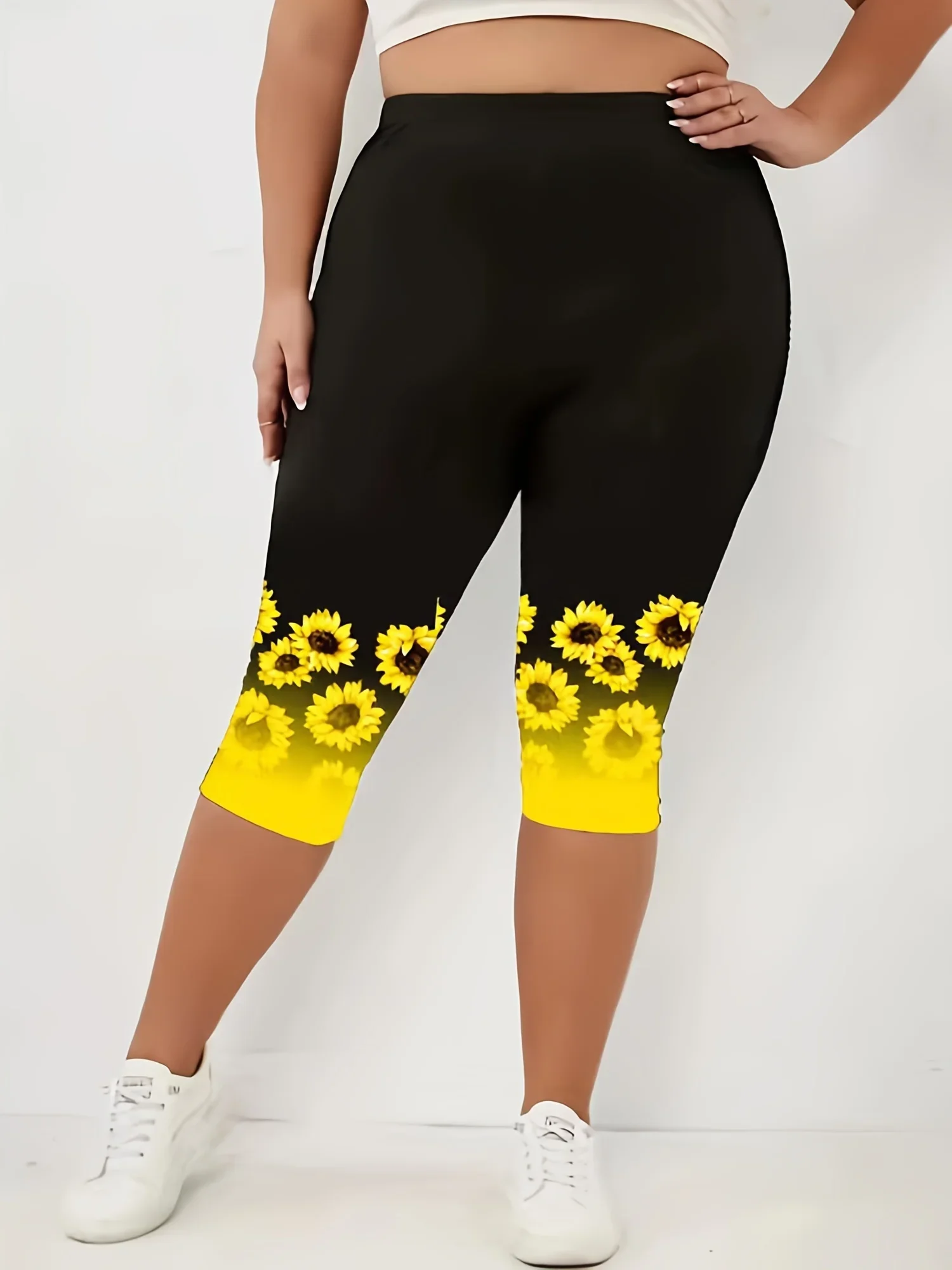 Women\'s Plus Size 1XL-5XL Summer Fashion Sunflower Print Leggings Fitness Sports Seven Point Leggings Casual  Yoga Leggings