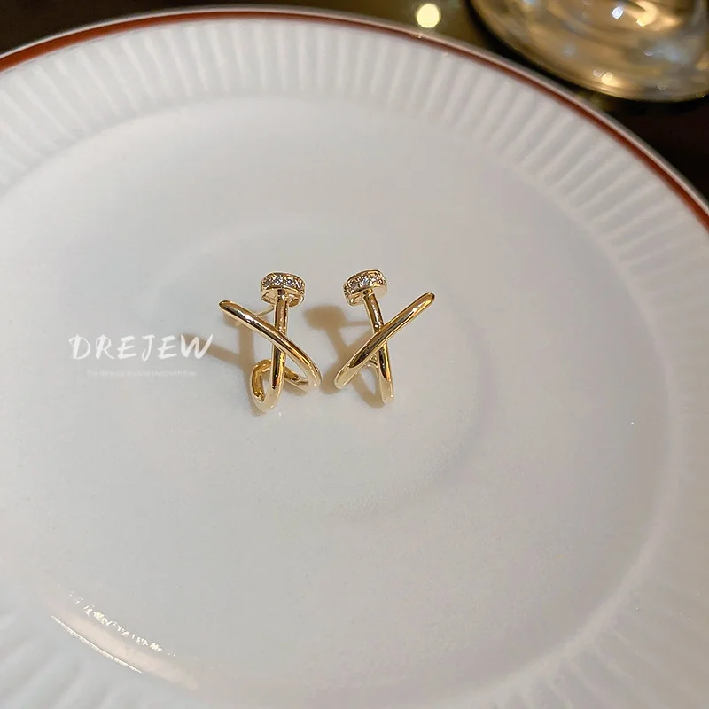 DREJEW 18K Gold Zircon Cross X-shaped Earrings for Women Fashionable and Simple Versatile Jewelry for Women Hypoallergenic