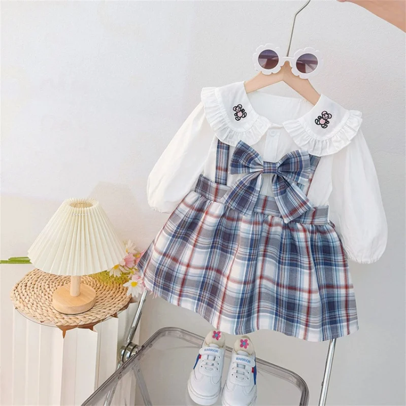 

Girls' Spring and Autumn New Style Baby and Toddler Academy StylejkUniform Suspender Skirt Lace Bow Fake Two Piece Dress