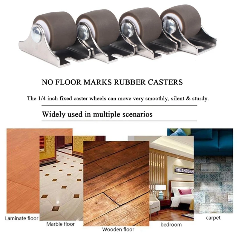 PORK-Mini Fixed Caster Wheels ,Low Profile Small Casters With Screws, Silent Rubber Rigid Caster Wheels For Furniture 8 Pack