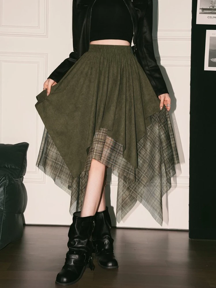 Elastic High Waist Asymmetric Faux Suede A-Line Skirt For Women Autumn Winter Contrast Panel Plaid Vintage Midi Skirts Lady