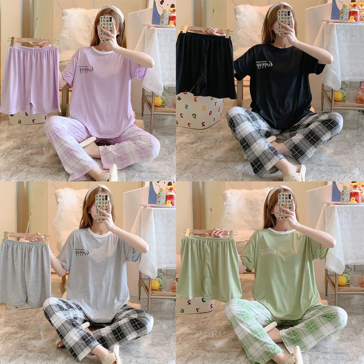 3Pcs/set All Season Ladies Three Piece Pajamas Solid Color Basic Top Plaid Pants Loose Fit Comfort Sleeping Suit