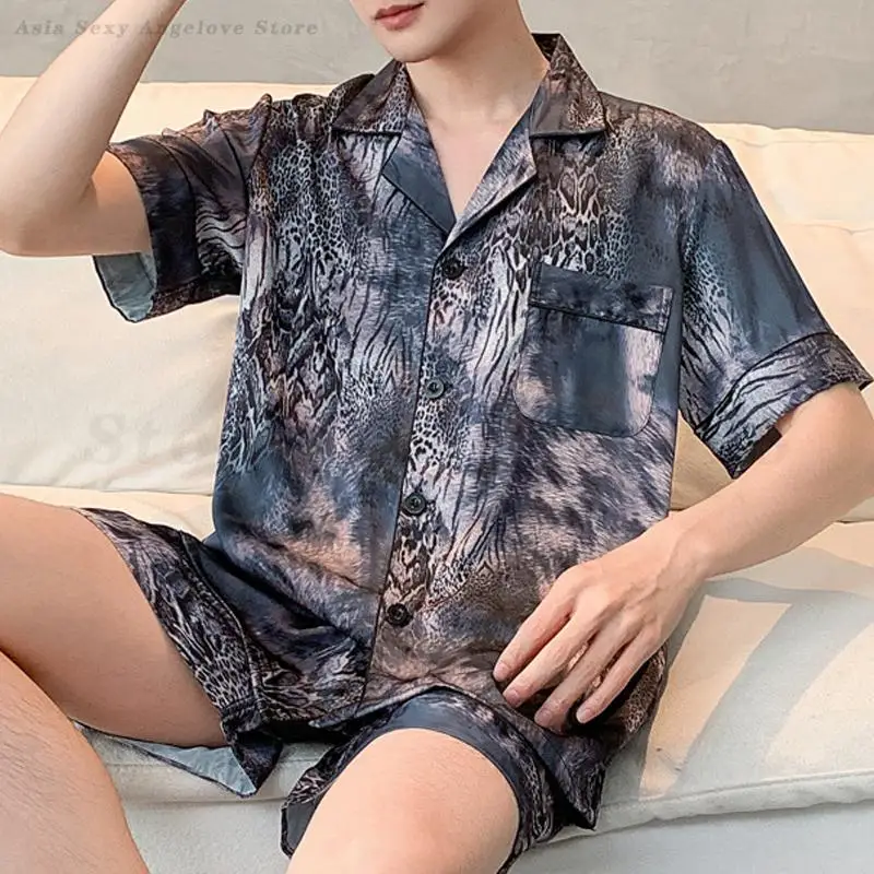 Large Size 3XL Pajamas Set Men's Satin Nightwear Shirt&Shorts Sleepwear Ice Silk Leopard Print Home Clothes Loose Loungewear