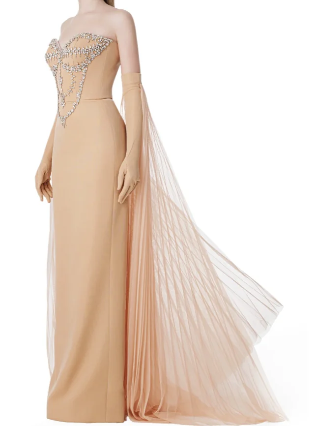 Luxury Beaded Sweetheart Neck Long Mermaid Dress, Matching Floor Length Fringe Sleeves Evening Dress for Gala Wedding