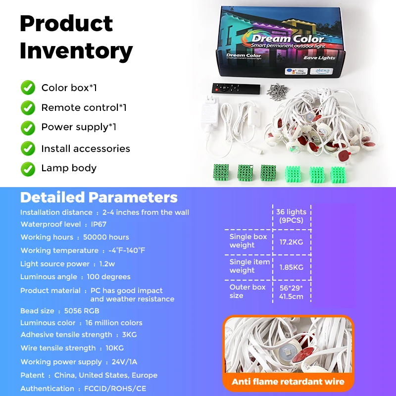 Permanent Outdoor Lights, 55ft RGB+IC 36 LED for Smart Rainbow LED Permanent Outdoor Light - TUYA Smart 51 Scenes Permanent